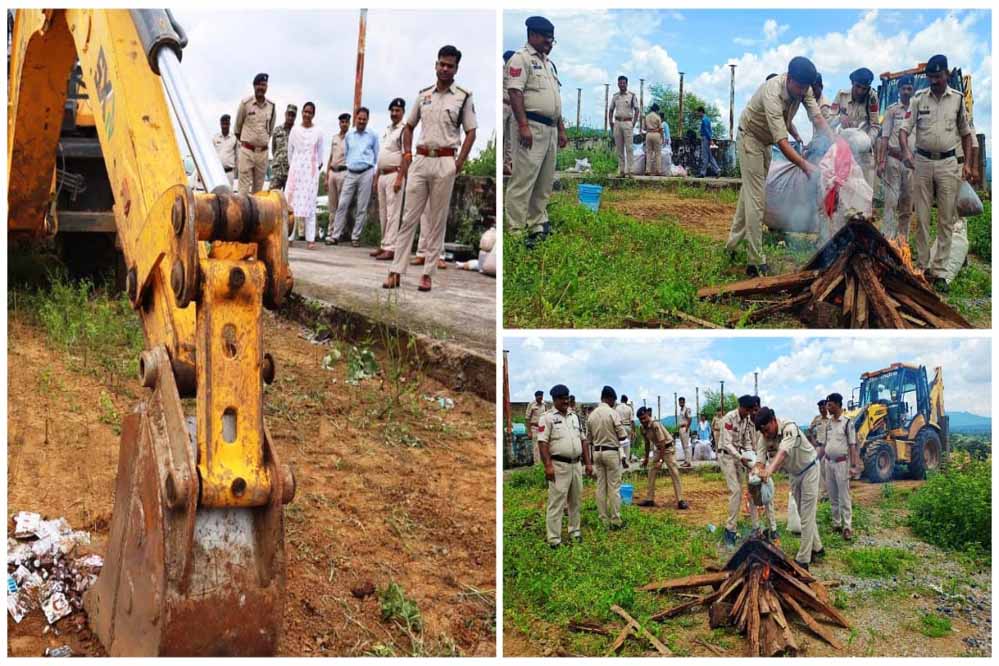 जप्त गांजा, नशीली इंजेक्शन और टेबलेट को एसपी की मौजूदगी में किया गया नष्ट